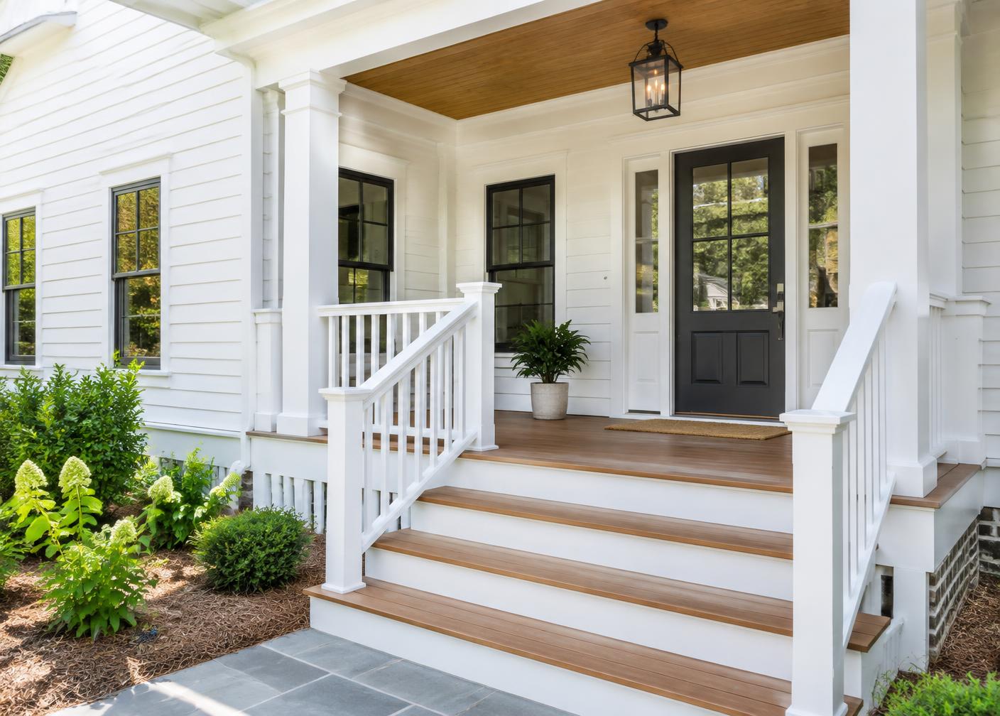 White lap siding and covered porch with wooden steps