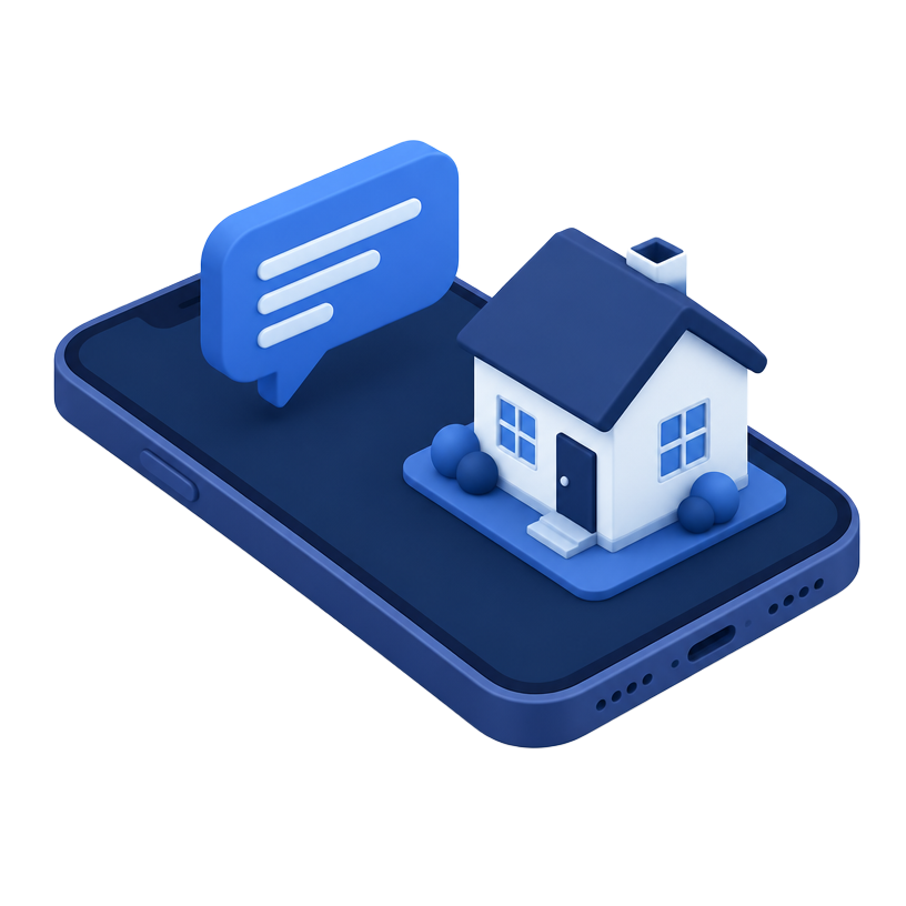 Isometric phone with message bubble and house